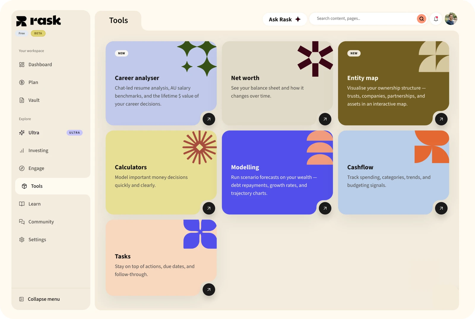 The Rask tools hub, showing net worth, modelling and cashflow cards.